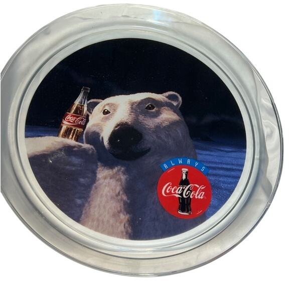 Coca Cola Polar Christmas Holiday Bear Round Platter 13” Clear Indiana Glass - Picture 1 of 5